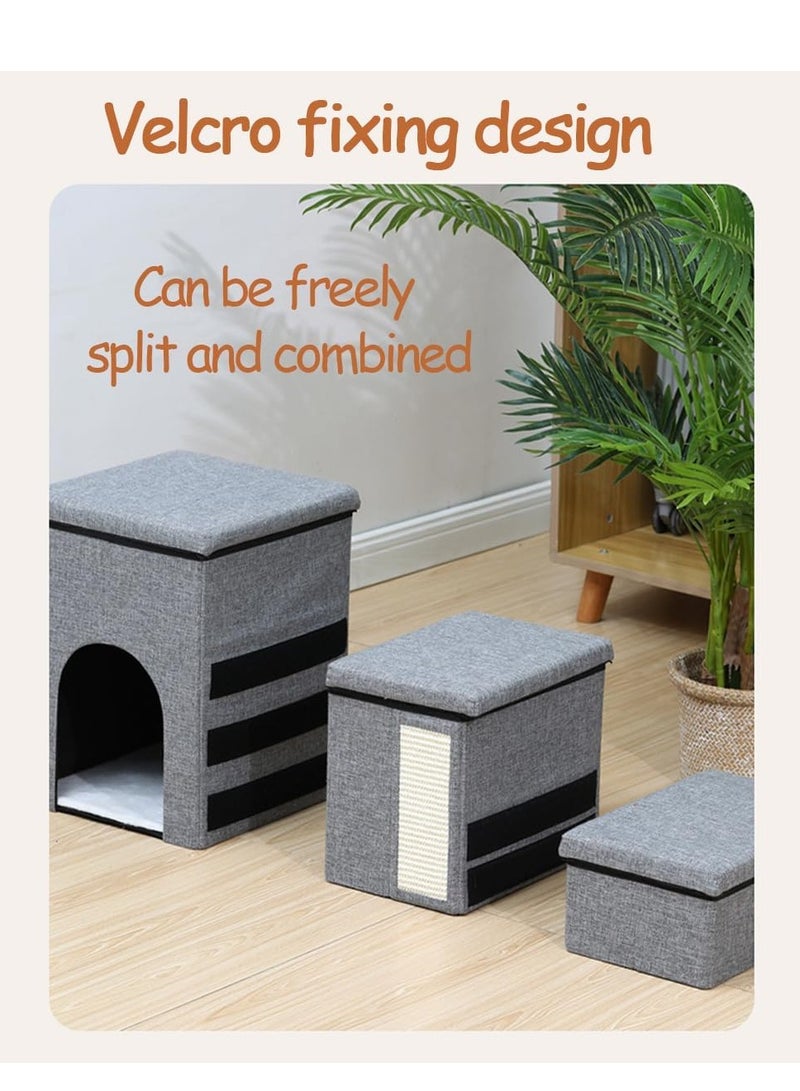 3-Step Foldable Storage Indoor Cat Steps,Pet Steps for High Bed Sofa,Non-Slip Cat Stairs Steps with Storage&Condo&Scratcher for Cats - Image 4