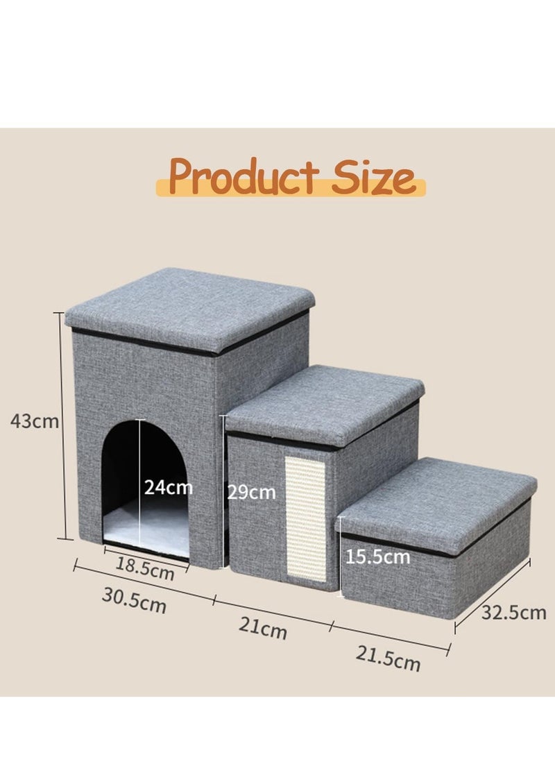 3-Step Foldable Storage Indoor Cat Steps,Pet Steps for High Bed Sofa,Non-Slip Cat Stairs Steps with Storage&Condo&Scratcher for Cats - Image 2