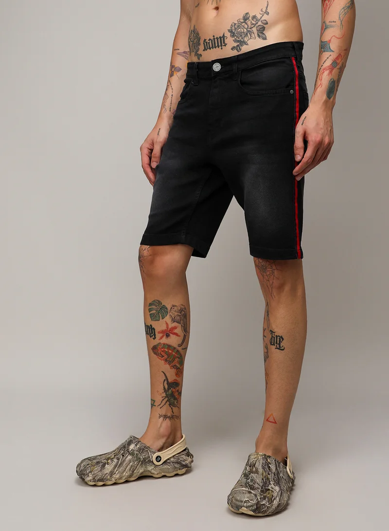 كامبوس سوترا Men's Black Contrast Side-Striped Denim Shorts