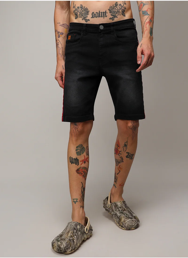 كامبوس سوترا Men's Black Contrast Side-Striped Denim Shorts