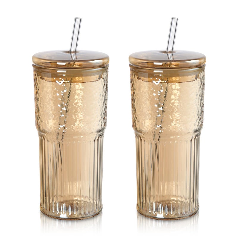 Joeyan 22 oz Amber Glass Tumbler with Straw and Lid for Iced Tea Coffee Smoothie Water Juice Beverages SodaRibbed Glasses CupsBorosilicate Drinking JarSet of 2Dishwasher Safe
