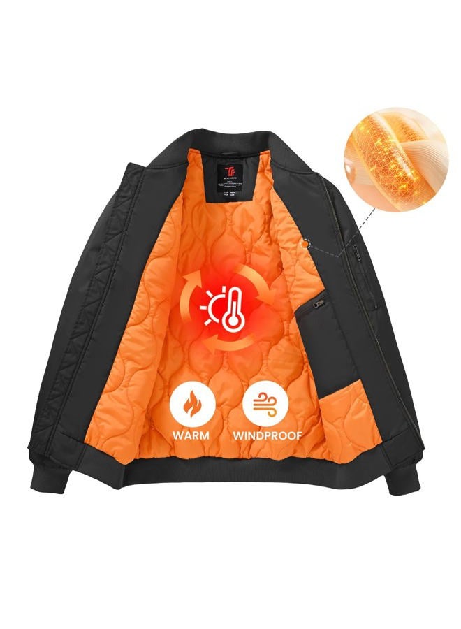Gopune Men's Bomber Jacket Casual Fall Winter Warm Jacket Full Zip Padded Coats Outwear, Black, L - Image 3