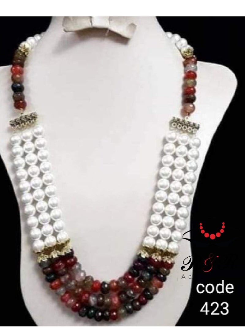 R&R Multi-layered women's necklace made of natural agate and Mallorca pearls 