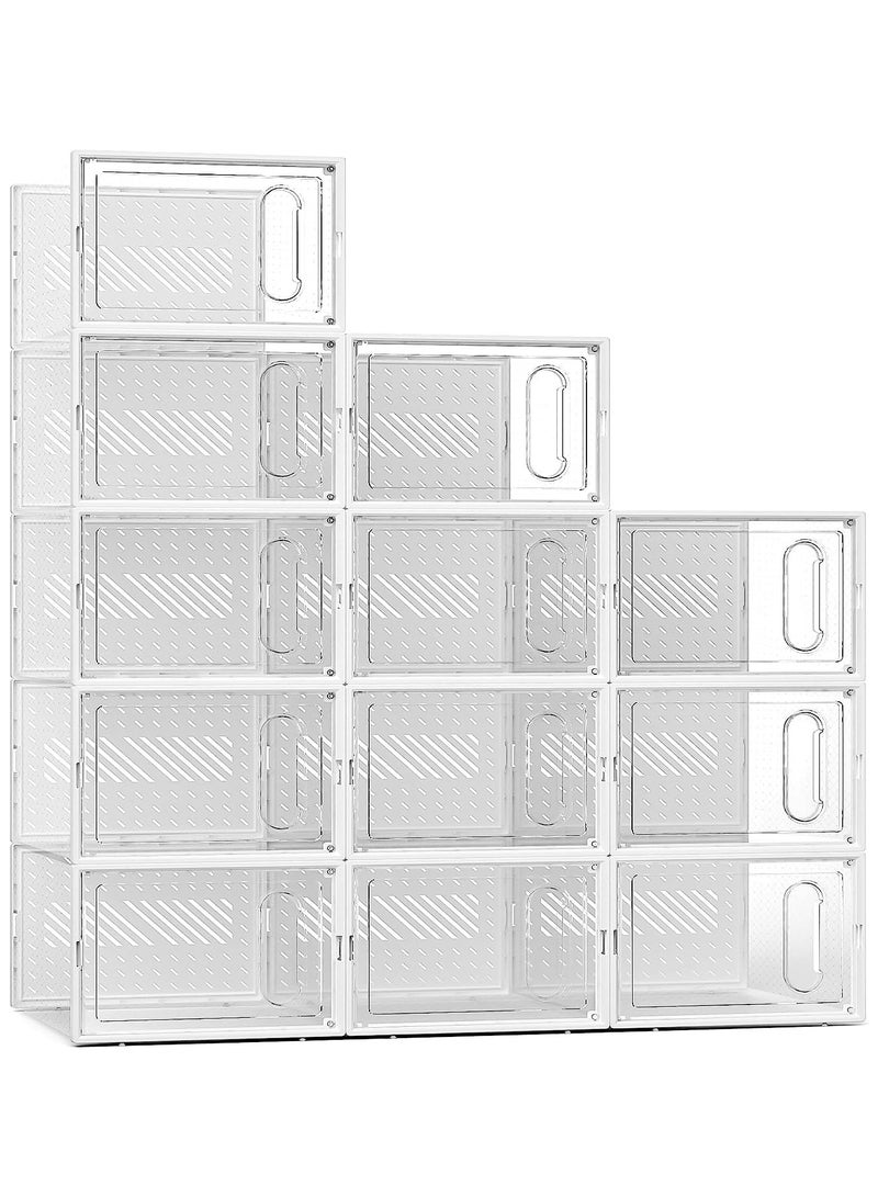 Hcosmy Hcosmy Large Shoe Storage Box with Magnetic Door, 12 Pack Clear Plastic Stackable Sneaker Organizer for Closet, Connect Left and Right Shoe Containers Bins for Entryway, Drop Front, Under Bed 