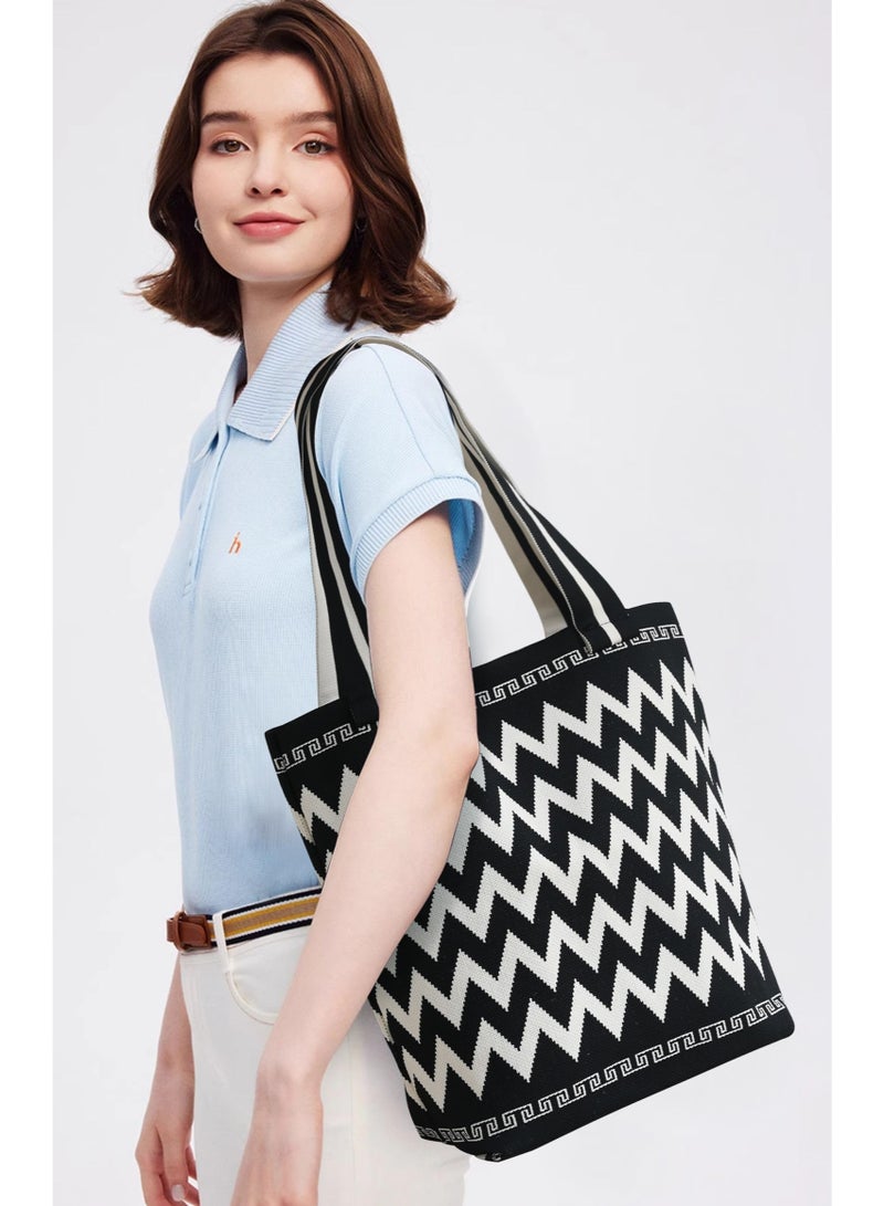 Elegant Woven Tote Bag,Premium Polyester Beach Bag, Purse for Travel, Shopping & Summer, Stylish Fly-Knit Design - Image 1