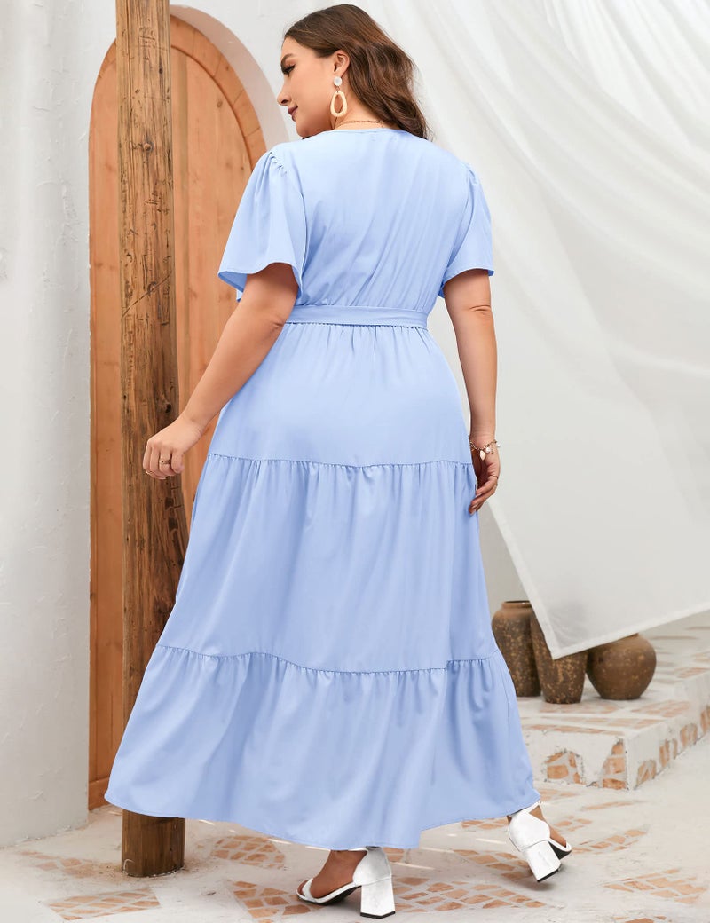 KOJOOIN Women Plus Size V Neck Wrap Maxi Dress Short Sleeves High Waist Ruffle Summer Casual Dress with Belt Light Blue 2XL - Image 4