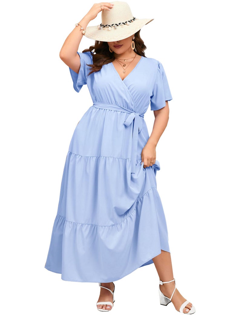 KOJOOIN Women Plus Size V Neck Wrap Maxi Dress Short Sleeves High Waist Ruffle Summer Casual Dress with Belt Light Blue 2XL - Image 1