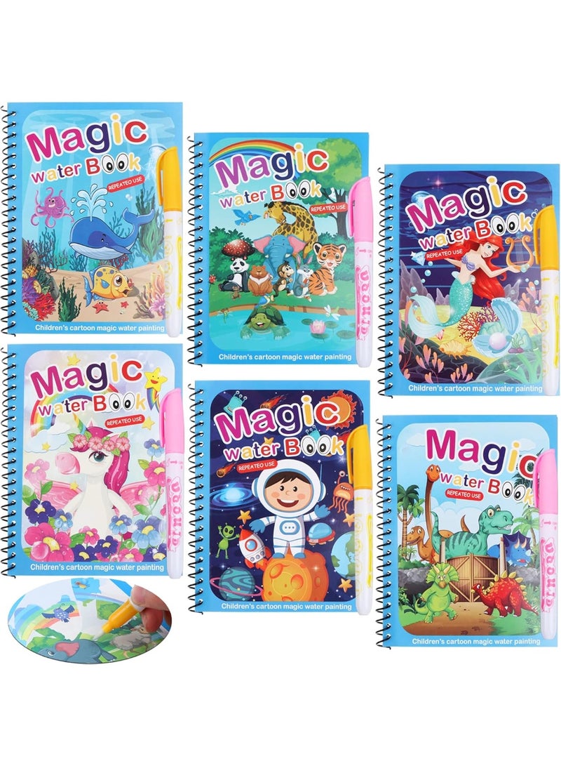 ARGT 6 Pack Magic Water Coloring Books with Water Pens – Reusable Mess-Free Painting Set for Toddlers and Kids - Image 1
