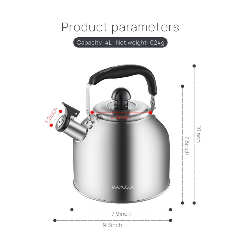 MAX COOK MAXCOOK 4.2 Quart/4L Stainless Steel Whistling Tea Kettle,Brushed Satin, Suitable to Boiling Water & Tea on Induction Stove, Gas Stove Top - Image 4