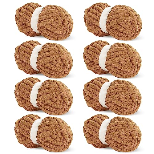 HOMBYS Coffee Chunky Chenille Yarn for Crocheting, Bulky Thick Fluffy Yarn for Knitting,Super Bulky Chunky Yarn for Hand Knitting Blanket, Soft Plush Yarn, 8 Jumbo Pack (27 yds,8 oz Each Skein) - Image 1