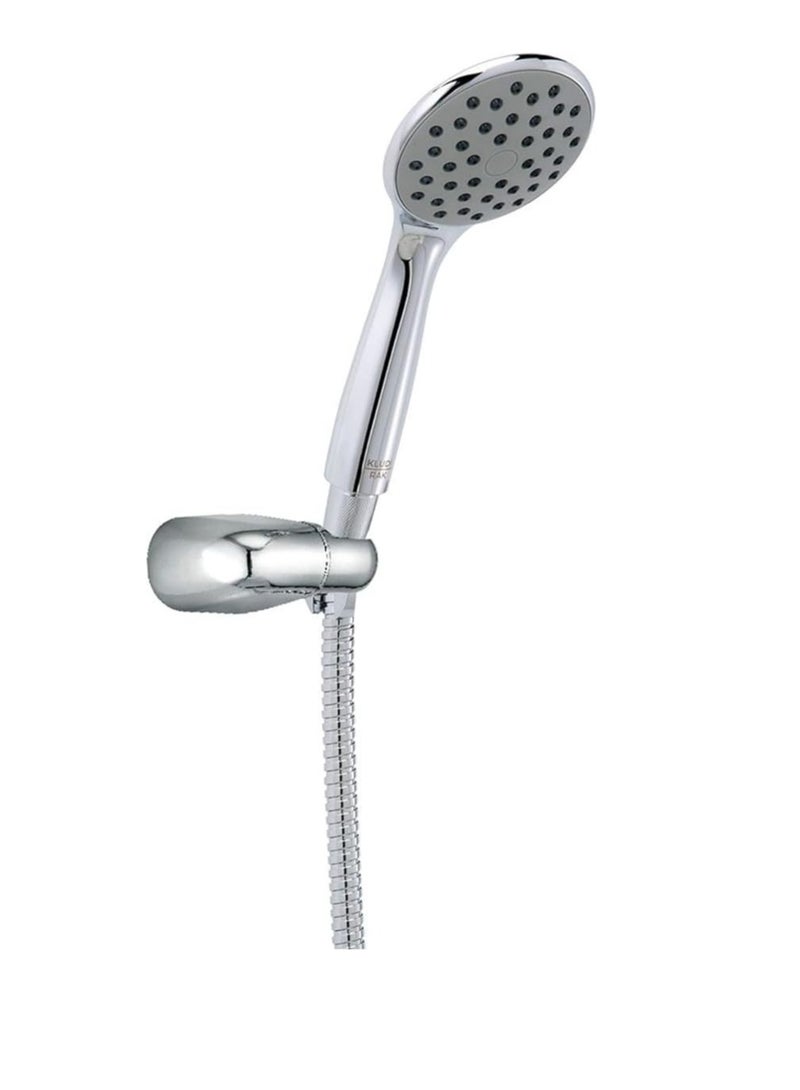 Kludi Rak 62003 1S Hose Holder & Hand Shower Set: chrome-plated, durable, with rain function, flexible hose, and pressure heater compatible.