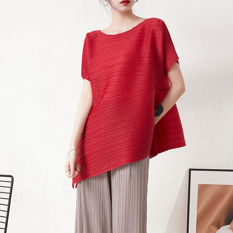 Miyake Top Pleated Short Top Design Sense Womens Niche Summer Asymmetrical Loose plus size Round Neck T-shirt Short Sleeve sky blue - Image 4