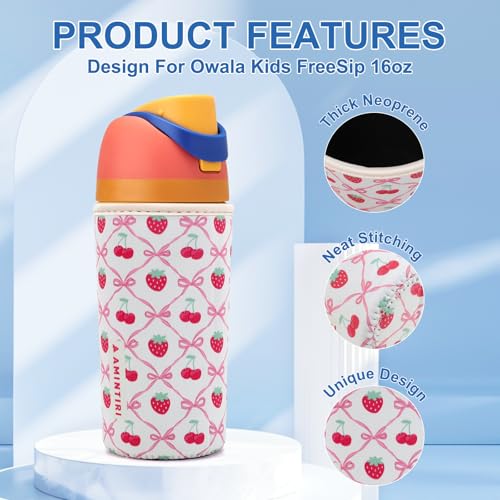 Amintiri Cute Sleeve for Owala Kids FreeSip 16oz, Thick Neoprene Cover Compatible with Owala 16oz, Water Bottle Scratch Resistant Sleeve for Boys Girls to School (Cherry&Strawberry, 16 Ounces) - Image 2