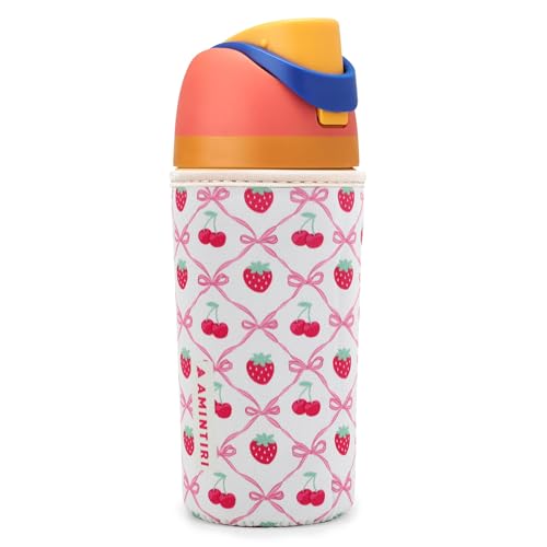 Amintiri Cute Sleeve for Owala Kids FreeSip 16oz, Thick Neoprene Cover Compatible with Owala 16oz, Water Bottle Scratch Resistant Sleeve for Boys Girls to School (Cherry&Strawberry, 16 Ounces) - Image 1