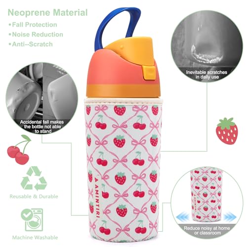 Amintiri Cute Sleeve for Owala Kids FreeSip 16oz, Thick Neoprene Cover Compatible with Owala 16oz, Water Bottle Scratch Resistant Sleeve for Boys Girls to School (Cherry&Strawberry, 16 Ounces) - Image 3