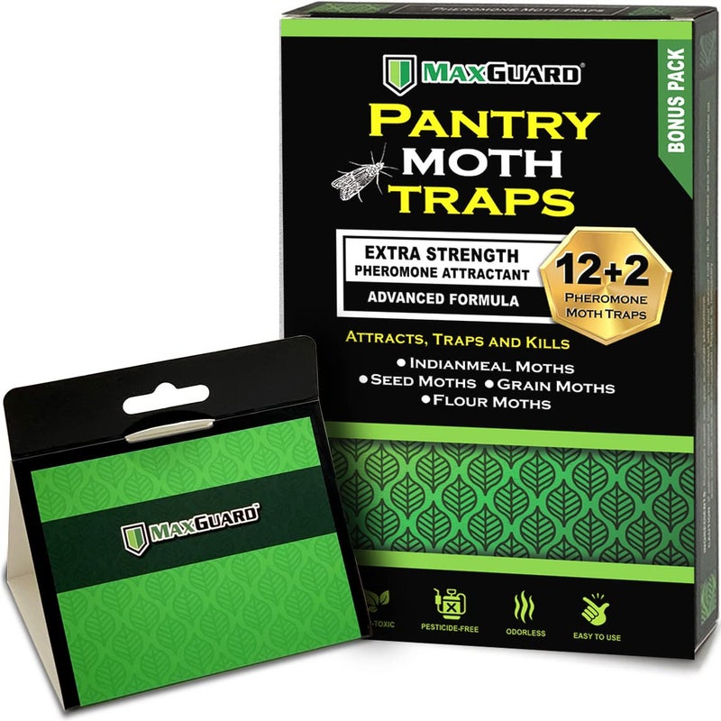 MAXGUARD Pantry Moth Traps (12 Pack +2 Free) with Extra Strength Pheromones | Non-Toxic Sticky Glue Trap for Food and Cupboard Moths in Your Kitchen | Trap and Kill Seed Grain Flour Meal Moths | - Image 1
