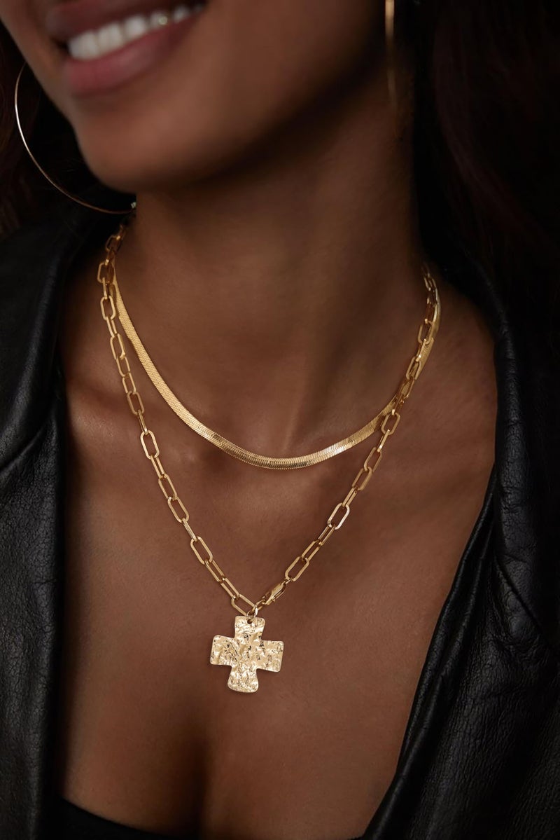 Moodear Cross Necklace for Women Trendy Layered 14K Gold Plated Chunky Statement Crucifix Pendant Charm Necklaces Paperclip Chain Herringbone Choker Jewelry Gift - Image 2