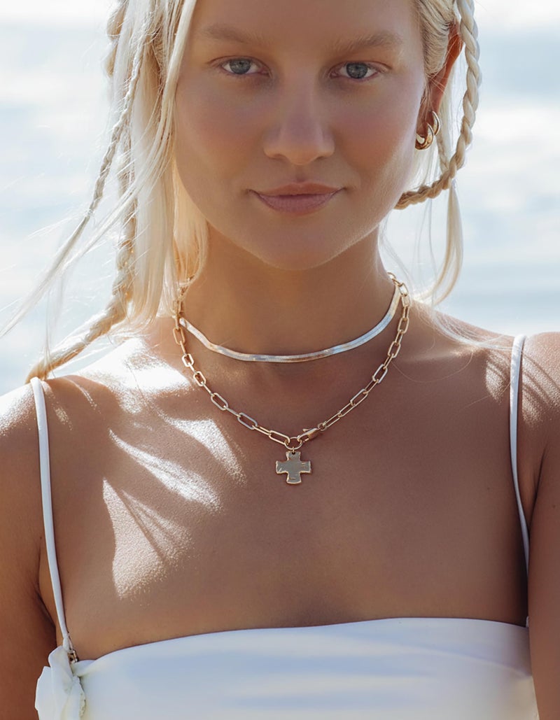 Moodear Cross Necklace for Women Trendy Layered 14K Gold Plated Chunky Statement Crucifix Pendant Charm Necklaces Paperclip Chain Herringbone Choker Jewelry Gift - Image 3