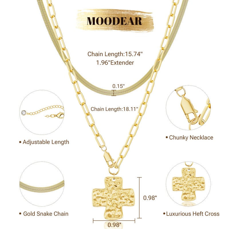 Moodear Cross Necklace for Women Trendy Layered 14K Gold Plated Chunky Statement Crucifix Pendant Charm Necklaces Paperclip Chain Herringbone Choker Jewelry Gift - Image 5