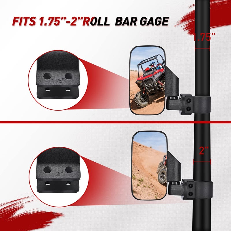Frokom UTV Side Mirrors,Universal Powersports Rear View Mirrors for 1.6" - 2" Roll Cage Polaris Ranger RZR Pioneer Can Am Commander Kawasaki Mule Teryx Rhino Yamaha Wildcat Cfmoto Kubota RTV - Image 2