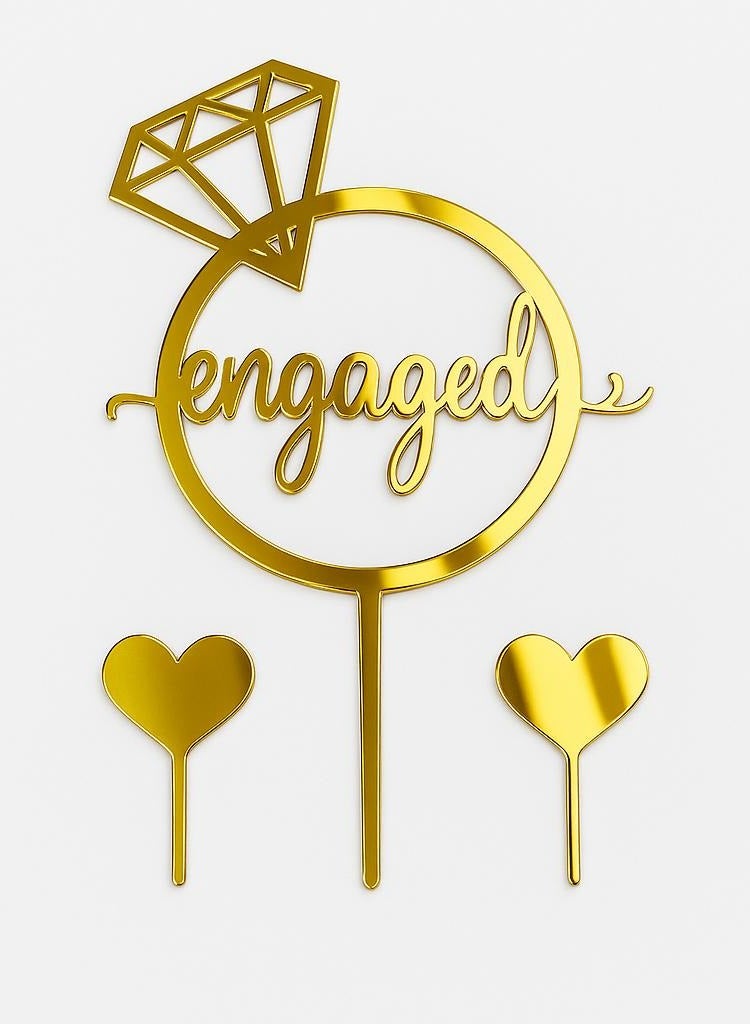 Engaged Gold Acrylic Cake Topper Set for bridal shower– 3 Pieces  - Image 1