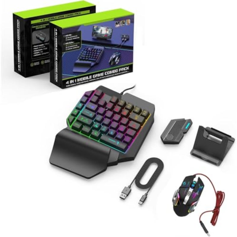 Gaming keyboard and mouse combo for mobile and PC use, ABS plastic construction, black color, compact half-hand design with RGB lighting, adjustable phone stand included - Image 1