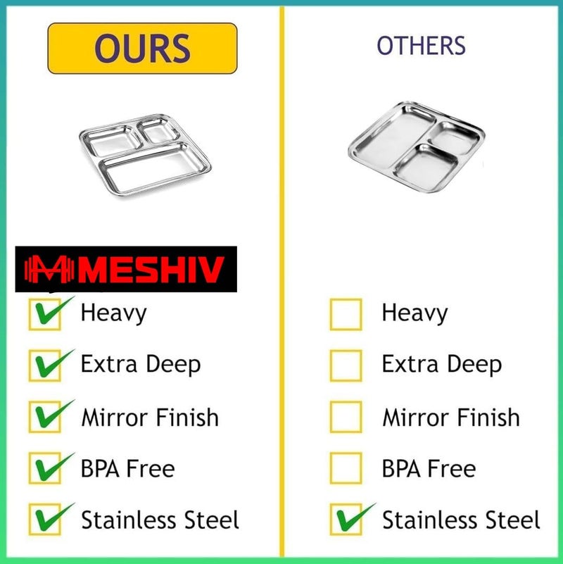 MESHIV Pack of 3 Stainless Steel Plates with 3 Compartments I Divided Plate I Partition Plate for Lunch & Dinner I 10 inch x 10 inch (Big Size) - Image 4
