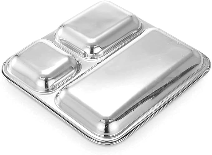 MESHIV Pack of 3 Stainless Steel Plates with 3 Compartments I Divided Plate I Partition Plate for Lunch & Dinner I 10 inch x 10 inch (Big Size) - Image 5