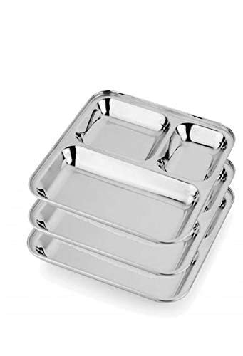MESHIV Pack of 3 Stainless Steel Plates with 3 Compartments I Divided Plate I Partition Plate for Lunch & Dinner I 10 inch x 10 inch (Big Size) - Image 1