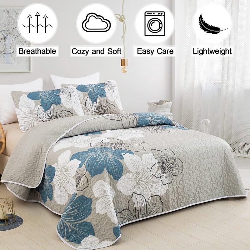 DJY 3 Pieces Quilt Set California King Blue Floral Pattern Quilt Coverlet Elegant Boho Bedspread with 2 Pillow Shams Lightweight Floral Summer Bedding Quilt for Adults Teens 106"x96" - Image 2
