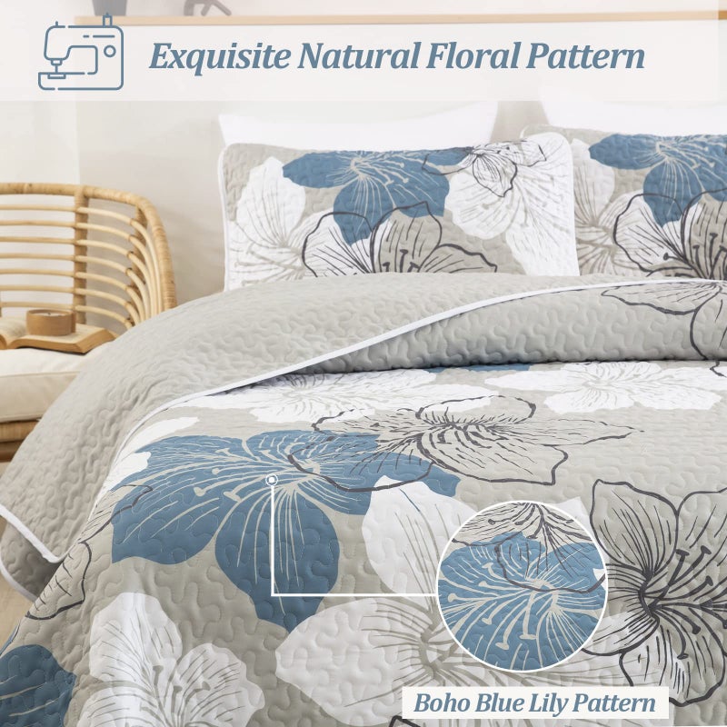 DJY 3 Pieces Quilt Set California King Blue Floral Pattern Quilt Coverlet Elegant Boho Bedspread with 2 Pillow Shams Lightweight Floral Summer Bedding Quilt for Adults Teens 106"x96" - Image 4