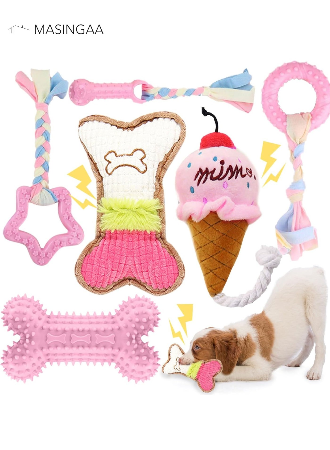 Dog Chew Toys, 6pcs Dog Puppies Teething Chewing Toy Set with Ball and Colorful Ropes, Interactive Pet Toys for Small and Medium Dogs (Pink)