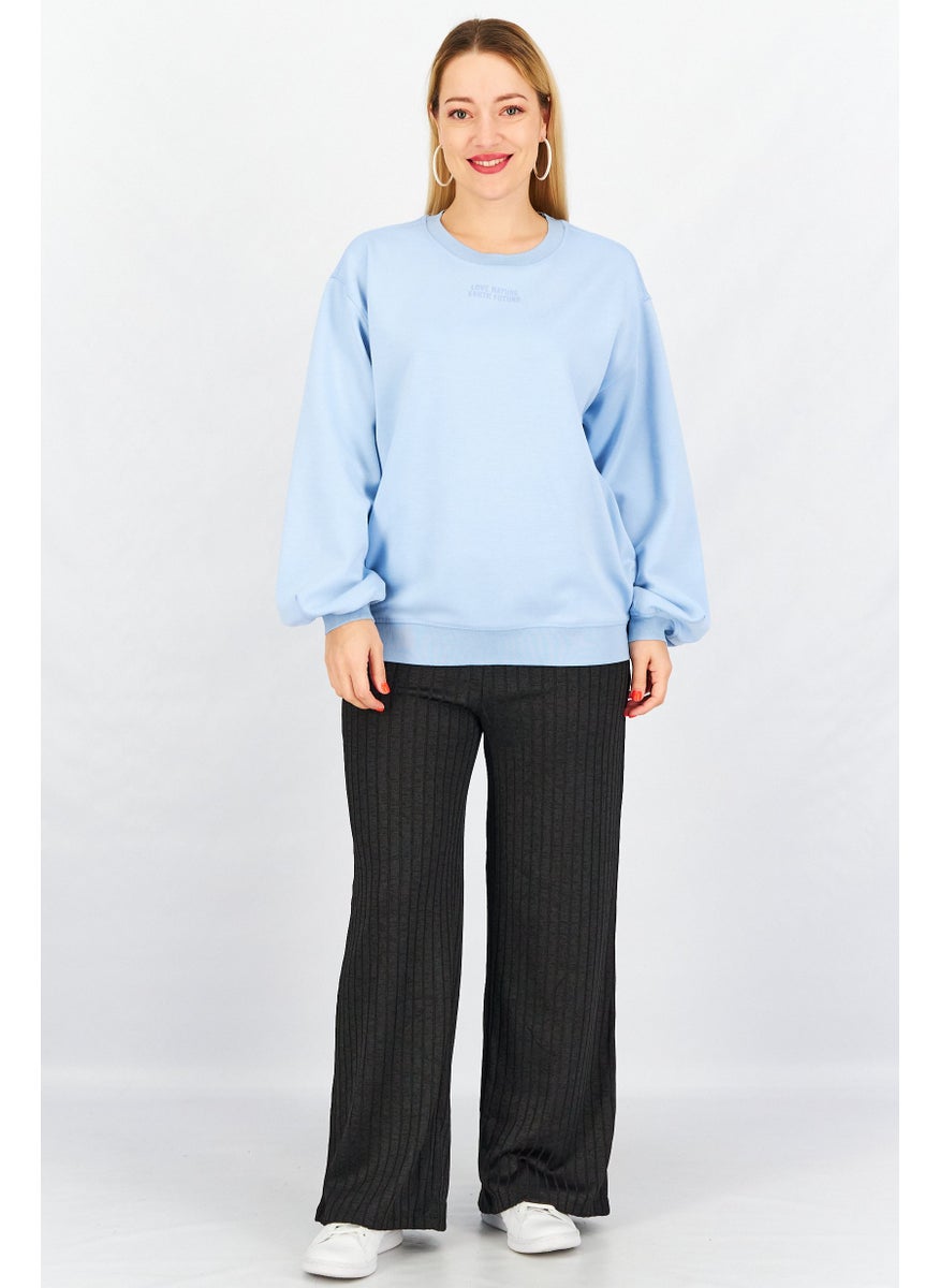 Tchibo Women Crew Neck Graphic Sweatshirt, Blue  - Image 3