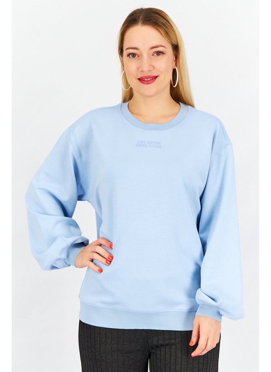 Tchibo Women Crew Neck Graphic Sweatshirt, Blue  - Image 1