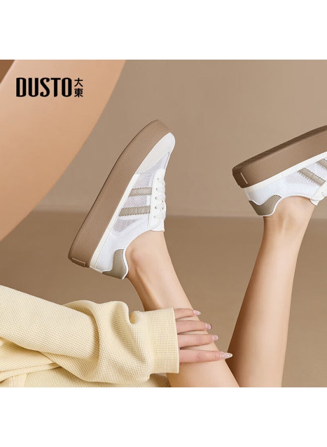 Da Dong De Xun Women's Shoes Spring New Flat Mid-heel Lace-up Round Toe Color Block Casual Sneakers Q0136