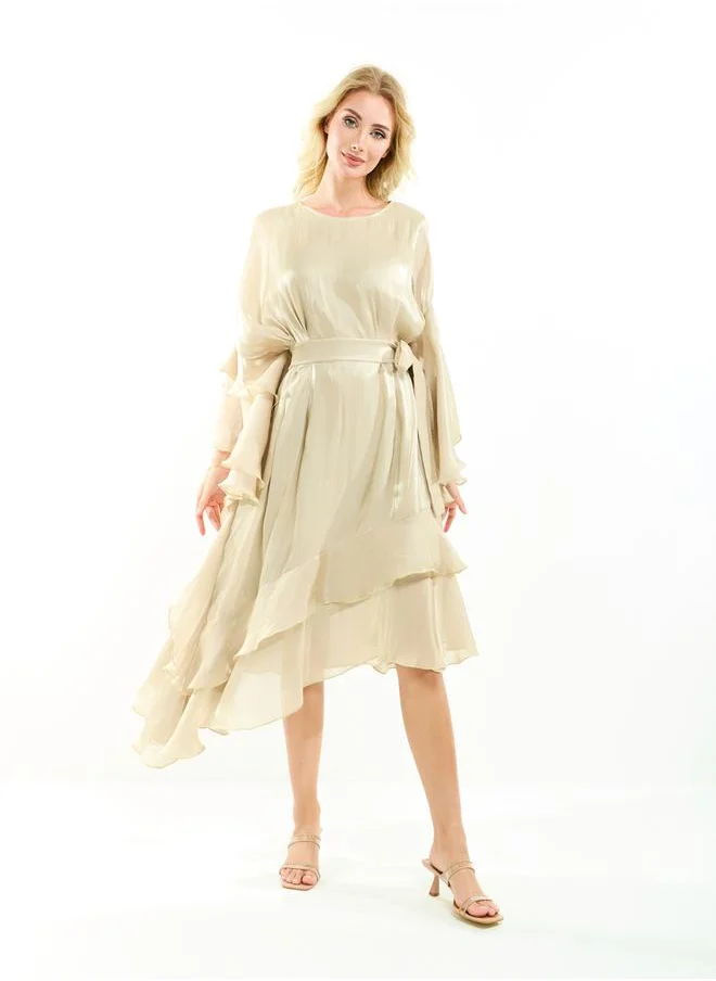 هاوس اوف مودا Asymmetrical Layered A-Line Midi Dress with Tie-Belt