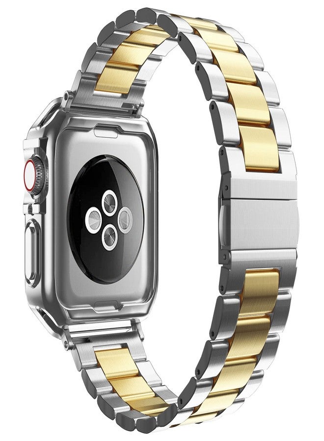 MRYUESG Compatible with Apple Watch Ultra 3/2/1 Band and Case, Stainless Steel Metal Chain with TPU Cover, Smart-Watch Link Bracelet Strap for men, Wrist-Band for i-Watch Ultra, 49mm, Silver+Gold - Image 2