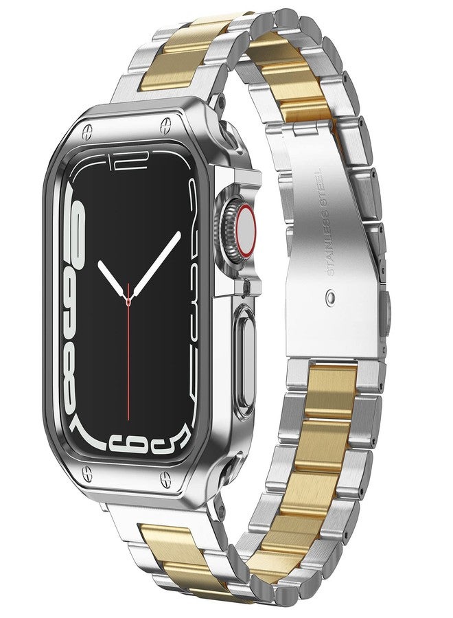 MRYUESG Compatible with Apple Watch Ultra 3/2/1 Band and Case, Stainless Steel Metal Chain with TPU Cover, Smart-Watch Link Bracelet Strap for men, Wrist-Band for i-Watch Ultra, 49mm, Silver+Gold - Image 1