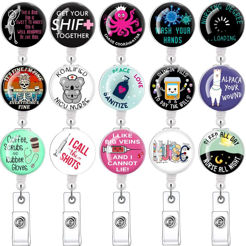 Tamhoo 15pcs Nursing Student Must Haves Badge Reels, Id Badge Holder Retractable Clip, Funny Badge Reel Cute Badge Reel Lanyards for Id Badges, Nurse Accessories for Work - Image 1