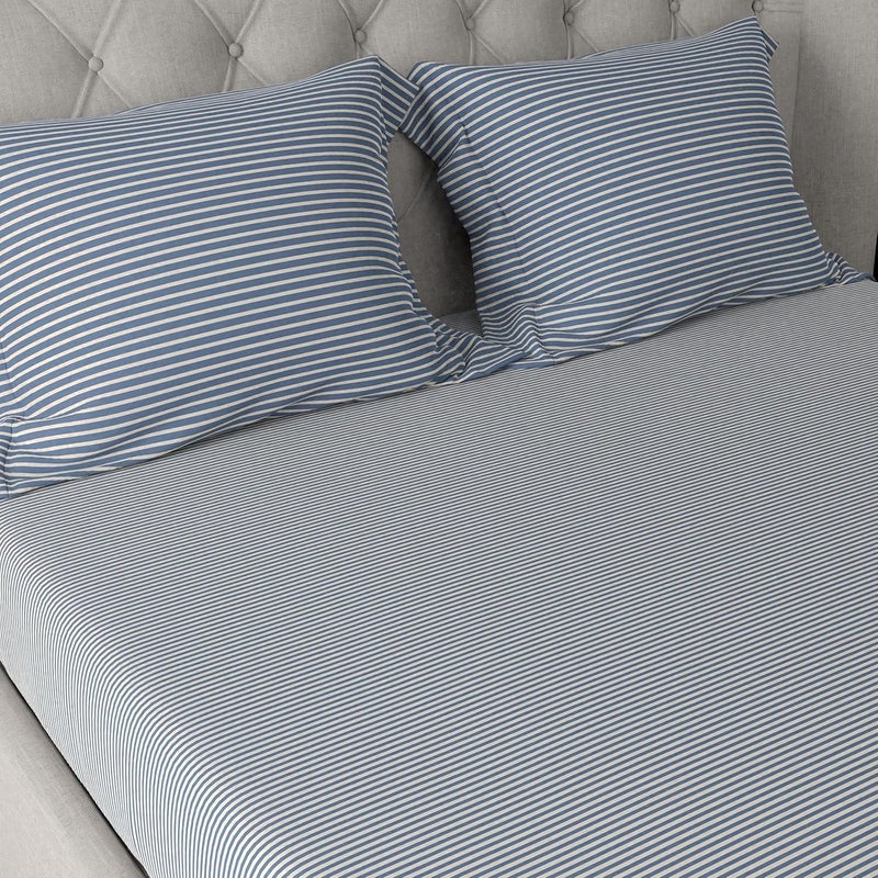 Livonti Cotton Polyester 200 Tc Modern Stripes Printed Flat Double Bed Bedsheets Queen Size with 2 Pillow Cover 108x92 inch Blue - Image 2