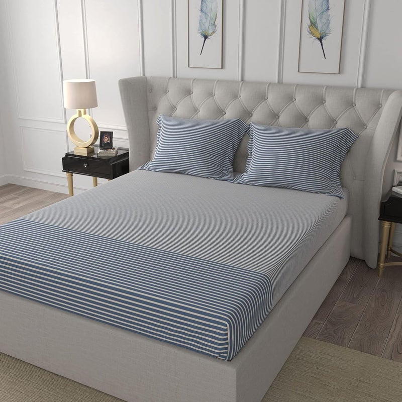 Livonti Cotton Polyester 200 Tc Modern Stripes Printed Flat Double Bed Bedsheets Queen Size with 2 Pillow Cover 108x92 inch Blue - Image 1