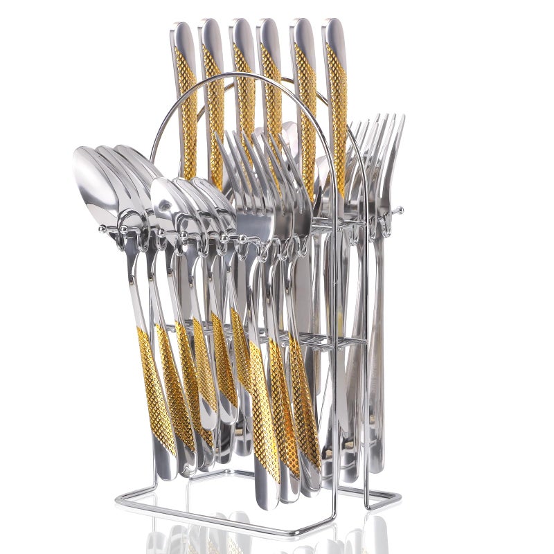 Gilded Silverware Set 24 Piece Cutlery Set with Holder Service for 6 Mirror Polished Tableware Set for Home Kitchen Dishwasher Gold Silvery