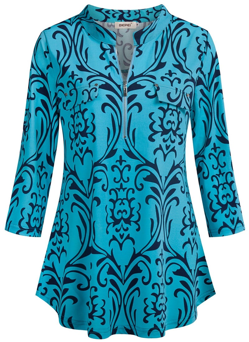 BEPEI Floral Tops for Women,Dressy Casual Blouses Three Quarter Long Sleeves with Button Bohemian Style Summer Flower Print Fashion Zipper Neckline Tunics Basic Chiffon Shirt Fall Clothes 2025,Aqua M - Image 2