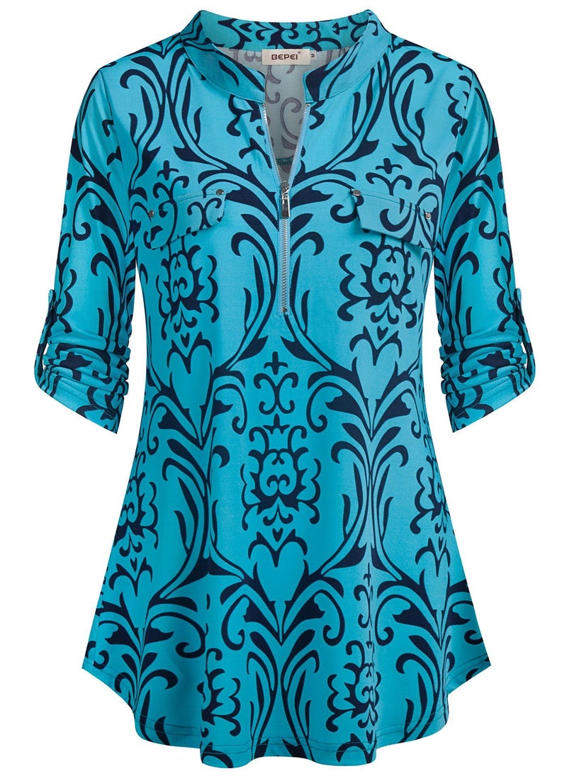 BEPEI Floral Tops for Women,Dressy Casual Blouses Three Quarter Long Sleeves with Button Bohemian Style Summer Flower Print Fashion Zipper Neckline Tunics Basic Chiffon Shirt Fall Clothes 2025,Aqua M - Image 1