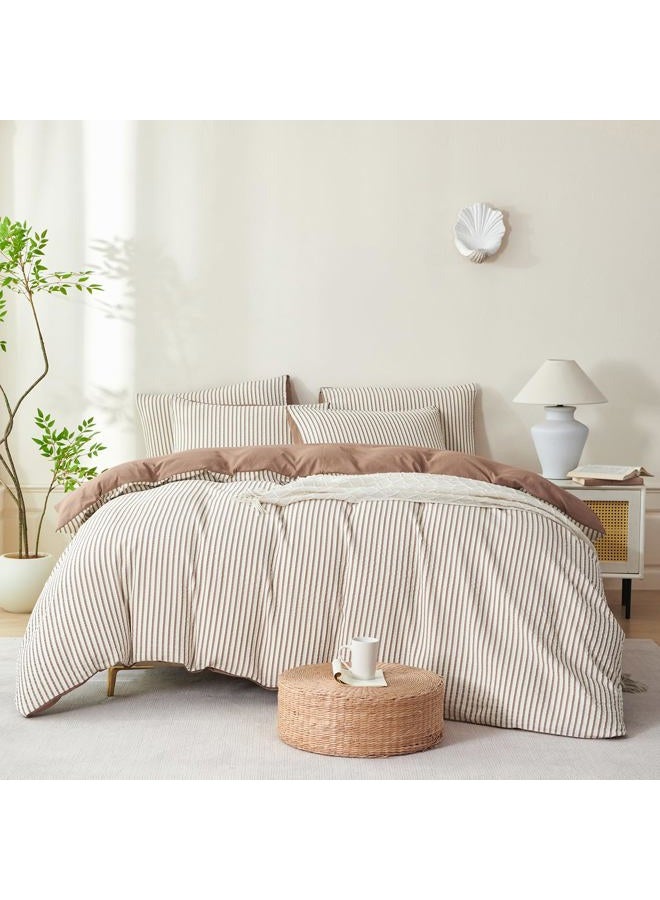 BUPIRD Mocha Brown Comforter Queen Set Striped Soft Washed Microfiber Jacquard 3 Pieces Striped Bedding Sets Mocha Brown White Comforter Queen for All Seasons and 2 Pillowcases Comfort Breathable - Image 2