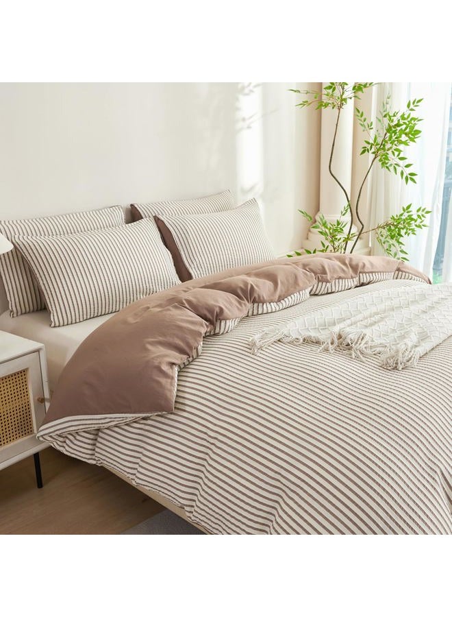 BUPIRD Mocha Brown Comforter Queen Set Striped Soft Washed Microfiber Jacquard 3 Pieces Striped Bedding Sets Mocha Brown White Comforter Queen for All Seasons and 2 Pillowcases Comfort Breathable - Image 5