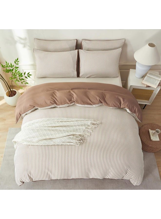 BUPIRD Mocha Brown Comforter Queen Set Striped Soft Washed Microfiber Jacquard 3 Pieces Striped Bedding Sets Mocha Brown White Comforter Queen for All Seasons and 2 Pillowcases Comfort Breathable - Image 4
