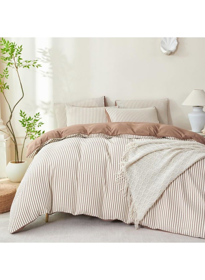 BUPIRD Mocha Brown Comforter Queen Set Striped Soft Washed Microfiber Jacquard 3 Pieces Striped Bedding Sets Mocha Brown White Comforter Queen for All Seasons and 2 Pillowcases Comfort Breathable - Image 1