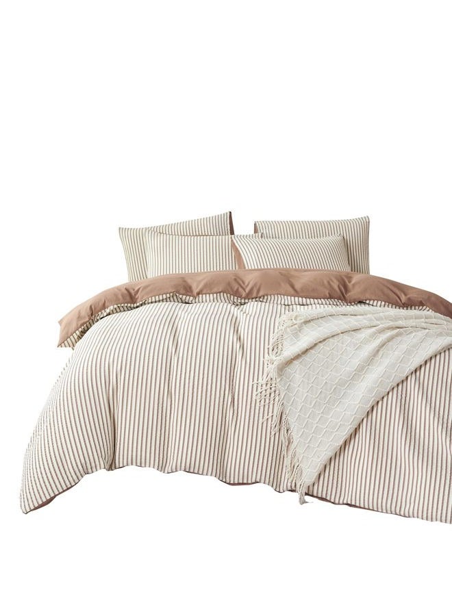 BUPIRD Mocha Brown Comforter Queen Set Striped Soft Washed Microfiber Jacquard 3 Pieces Striped Bedding Sets Mocha Brown White Comforter Queen for All Seasons and 2 Pillowcases Comfort Breathable - Image 3