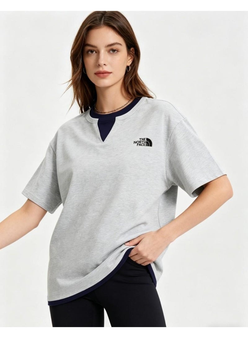THE NORTH FACE new V-neck contrast fake two-piece T-shirt couple with the same shirt - Image 4